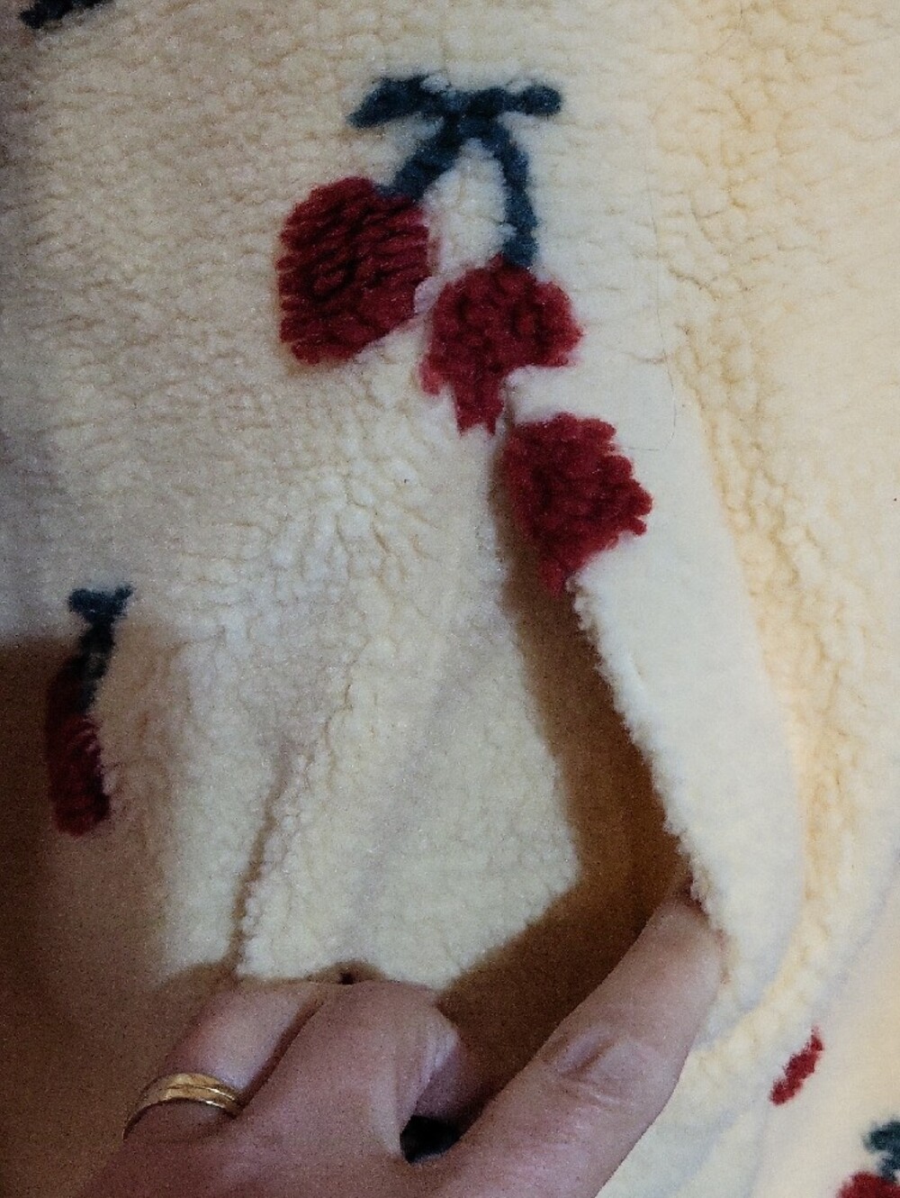 Cozy Cherry Print Sherpa Pullover Hoodie - Cream - Picture 2 of 4